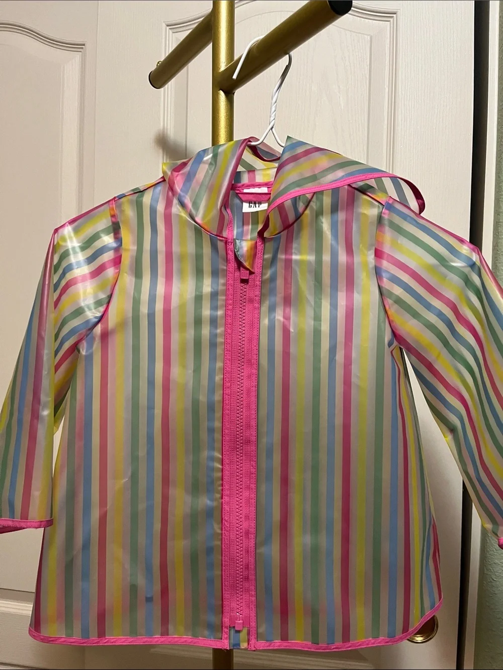 GAP Girls' Pastel Multicolor Striped Hooded Raincoat with Pink Trim Sz 3Y
